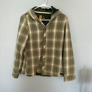 Browning Button Down Hooded Jacket Men's Size Medium Plaid Neutrals Green Brown